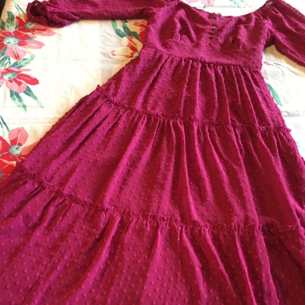 J. Crew Tiered Long Sleeve Midi Dress in Swiss Dot Raspberry Pink Women's OO